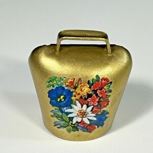 Vintage Brass Swiss Cow Bell with Hand Painted Flowers